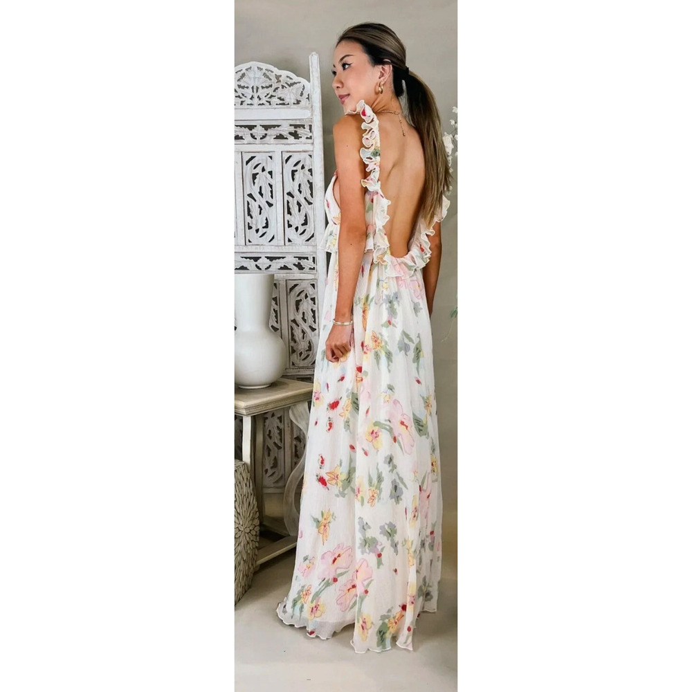 For Love&Lemons L Abby $298 Romantic Floral Maxi Dress Backless Ruffle Cream NWT - Picture 3 of 12